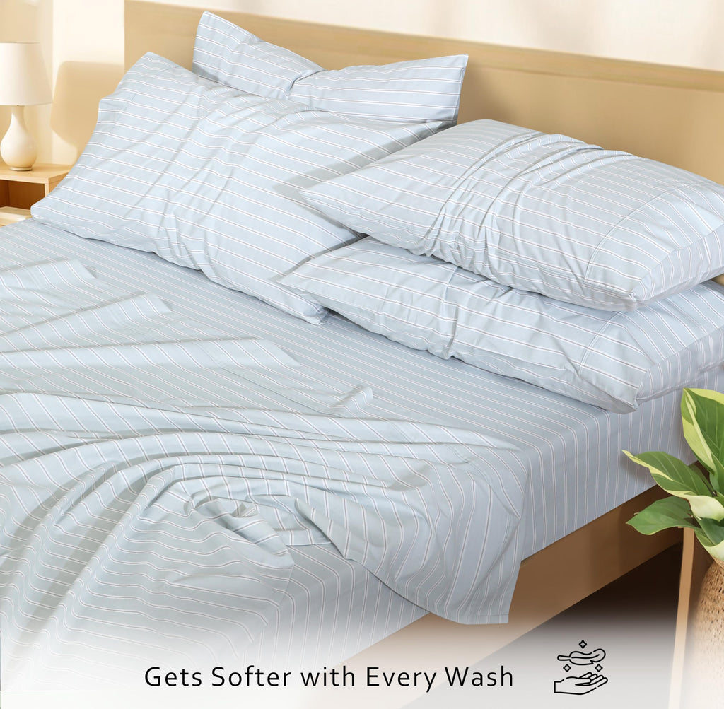100% Cotton Queen Sheets, Percale Queen Sheet Set, Horizon Stripes