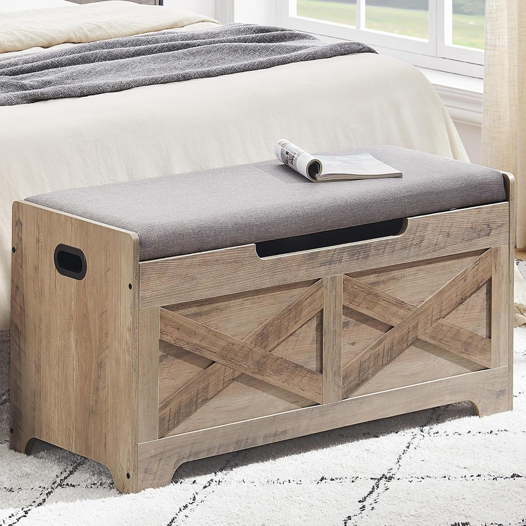 Storage Chest, Farmhouse Storage Trunk, Wooden Entryway Storage Bench with Safety Hinge and Lift-Top , Grey