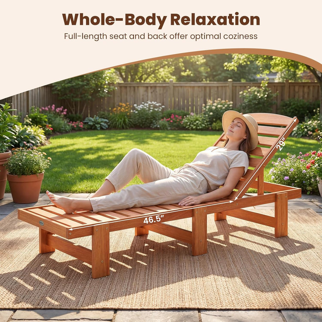 Lounge Chair Outdoor, Solid Wood Patio Chaise Lounge with 5-Level Adjustable Backrest, Wooden Slatted Beach Pool