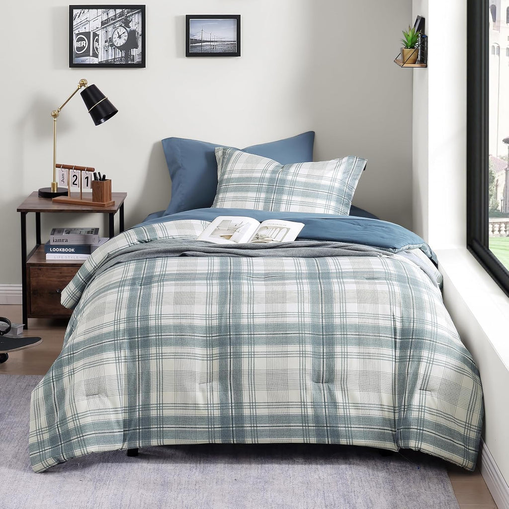 Plaid Twin XL Comforter Set Blue Grey 5 Pieces College Dorm Bed in a Bag - Set of 5