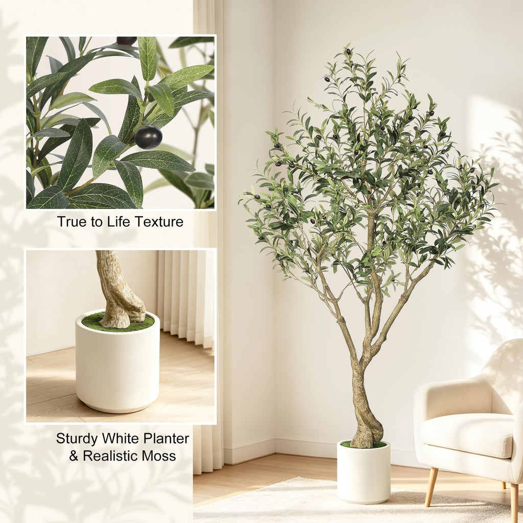 Olive Tree 6ft with Sturdy White Planter, Artificial Olive Tree