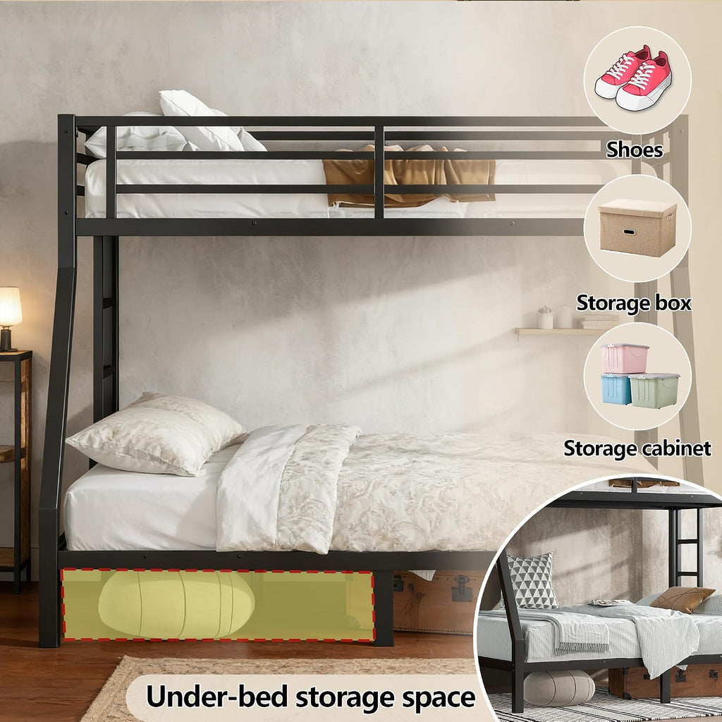 Twin Over Full Bunk Bed with Ladders, Metal Bunk Beds Frame with Full-Length Guardrails