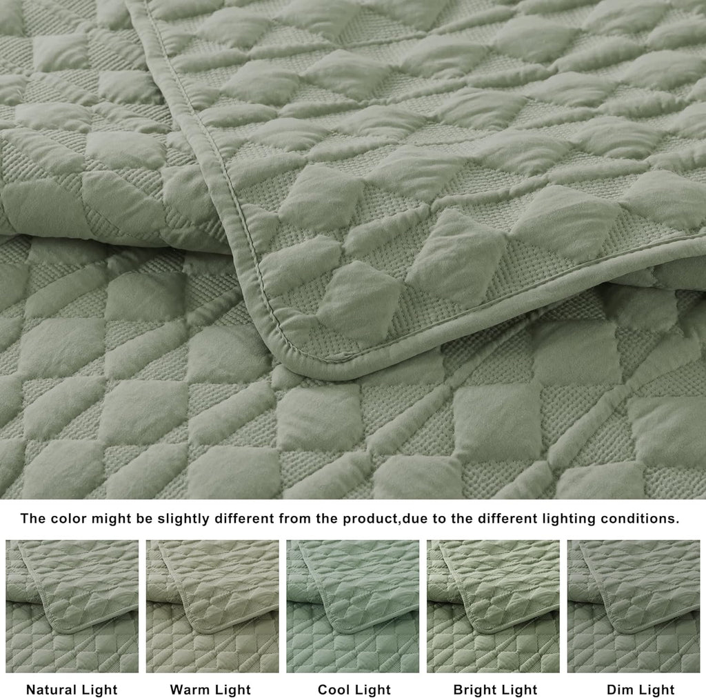 Sage Green Quilt Bedding Sets with Pillow Shams, Lightweight Soft Bedspread Coverlet, Quilted Blanket Thin