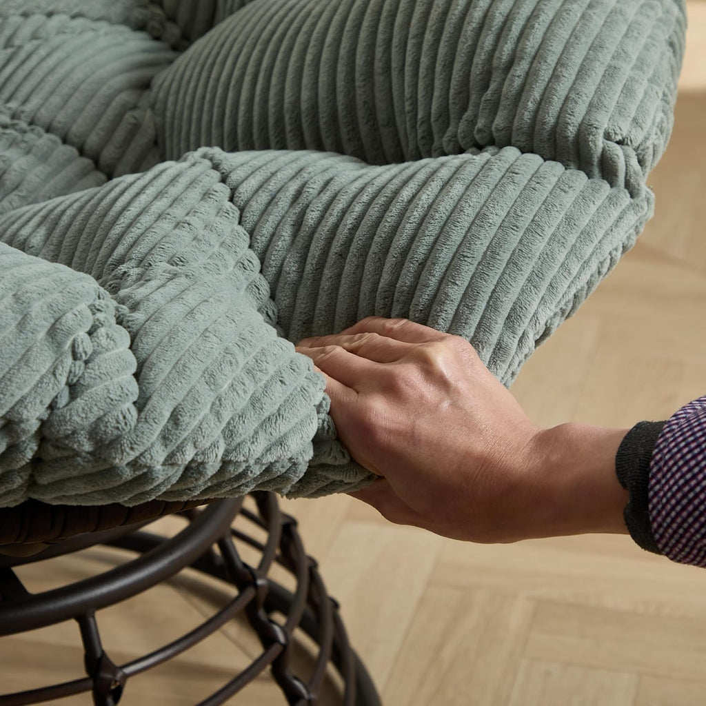 Oversized Cloud Papasan Chair with 360° Swivel Base, Ergonomic Rattan Lounge Chair with Thick Corduroy Cushion