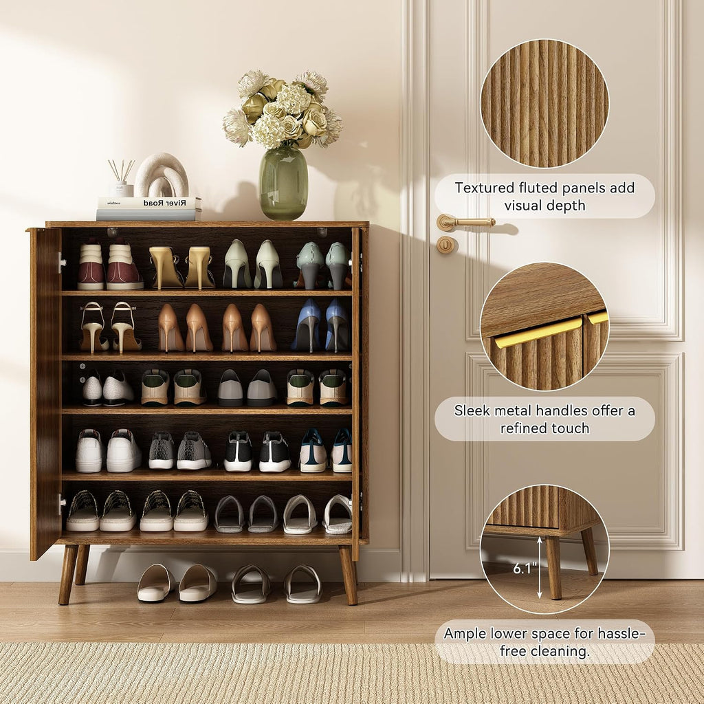 Fluted Shoe Cabinet with Doors, 5-Tier Shoe Storage Cabinet with Adjustable Shelves, Wooden Freestanding Shoe