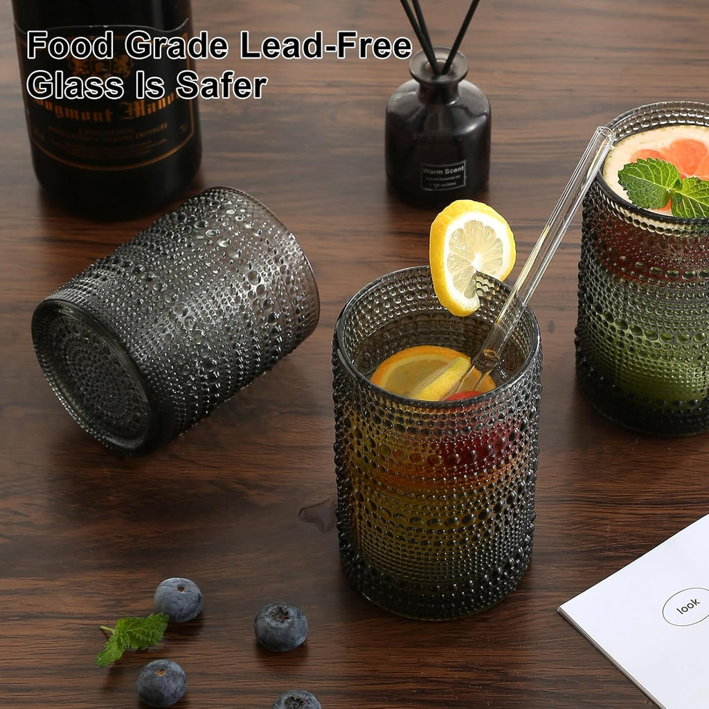 Vintage Hobnail Drinking Glasses Set of 8, Grey 12 oz & 15oz Highball Glass Cups, Kitchen Drinkware