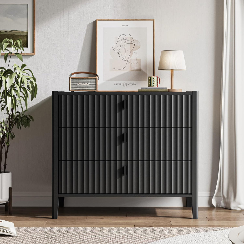 Black 5 Drawer Dresser, Modern Tall Dresser , Fluted Wood Chest of Drawers with Deep Drawers for Clothes, Storage