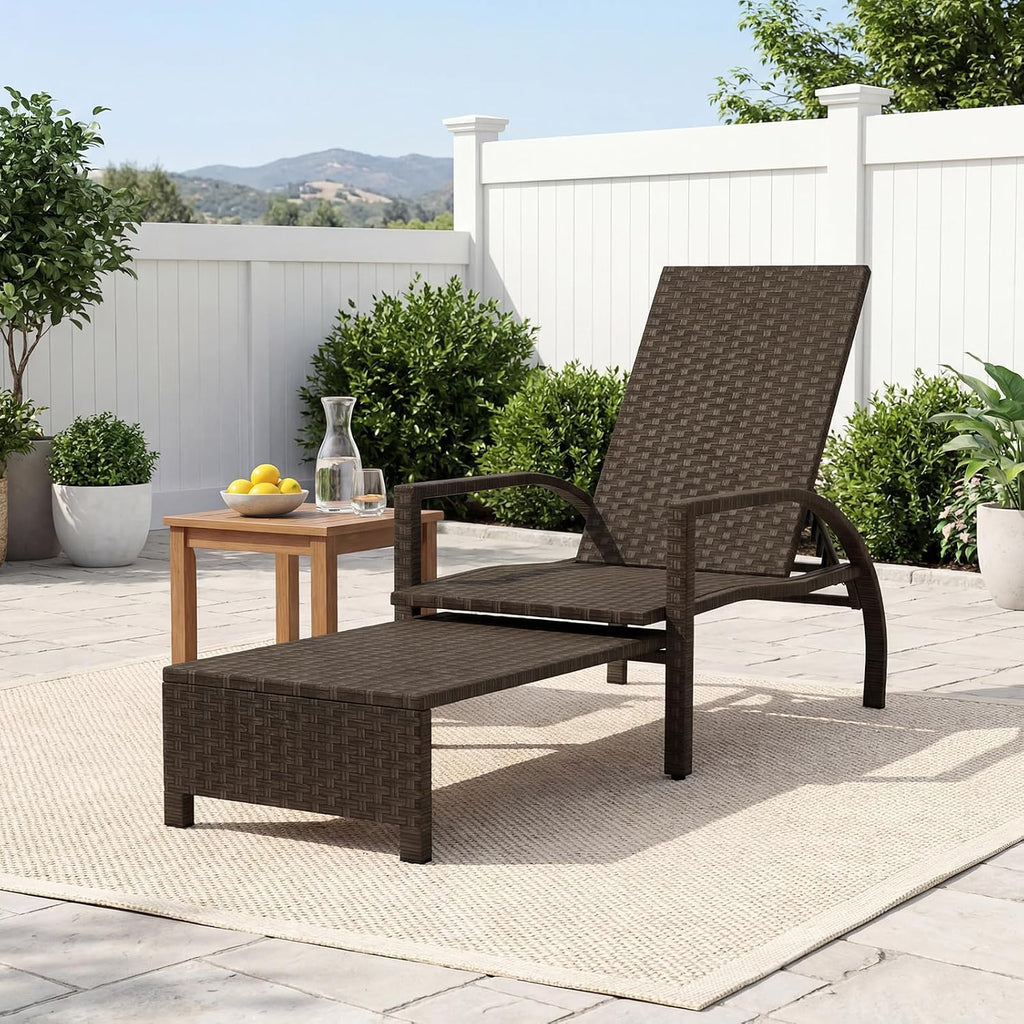 Outdoor Rattan Wicker Chaise Lounge Chair with 6-Position Backrest, Retractable Ottoman, Armrests, Patio Reclining