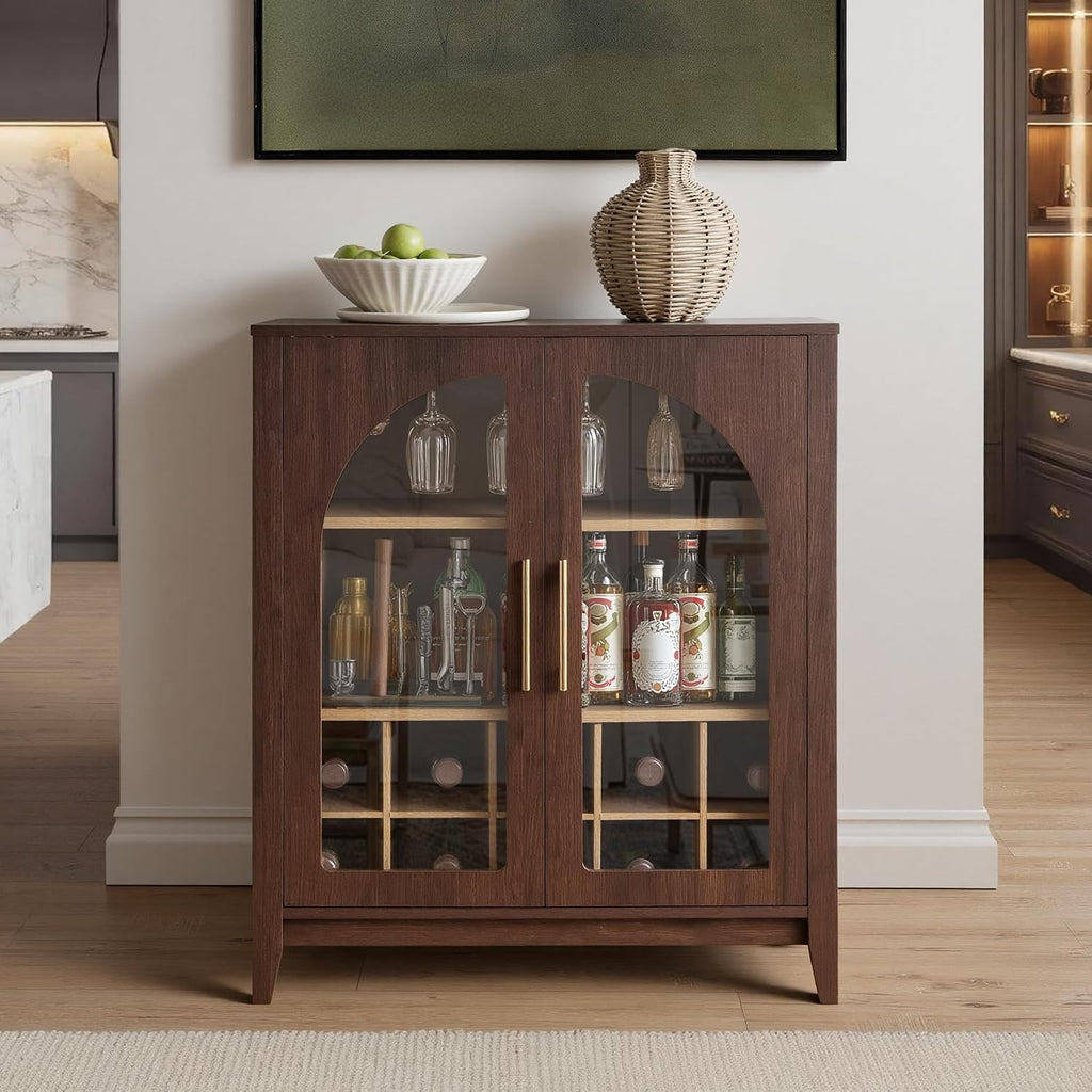31.5" Coffee Bar Cabinet with Glass Doors, Arched Doors, Walnut | Mid Century Modern Sideboard with Wine Rack & Glass