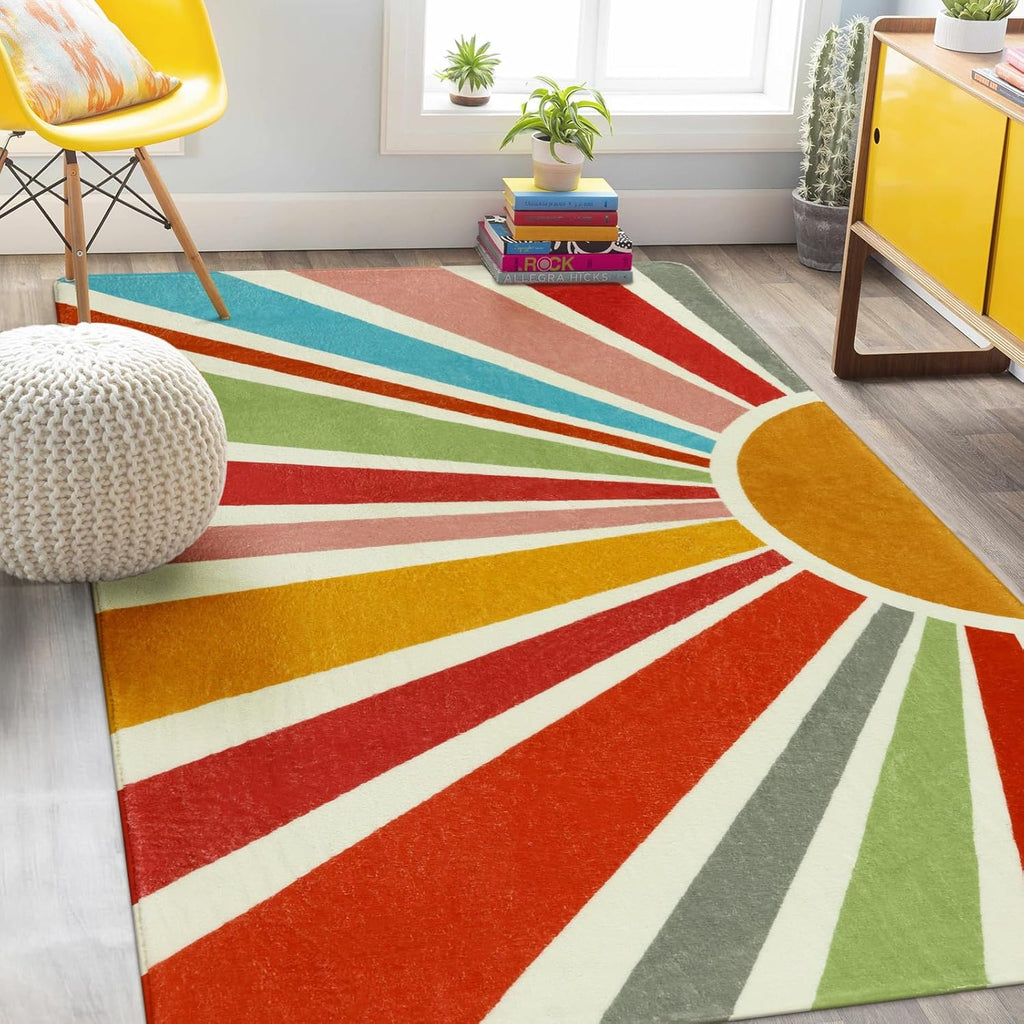Kids Rug 5'x7', Boho Washable Rainbow Nursery Rug, Non-Slip Soft Carpet for Playroom, Classroom, Off