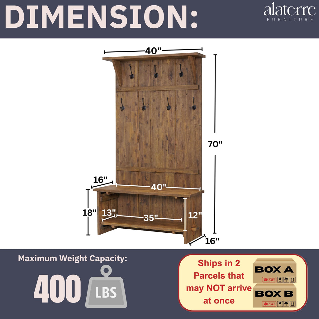 Bethel Rustic Solid Wood Entryway Hall Tree with Bench, Natural