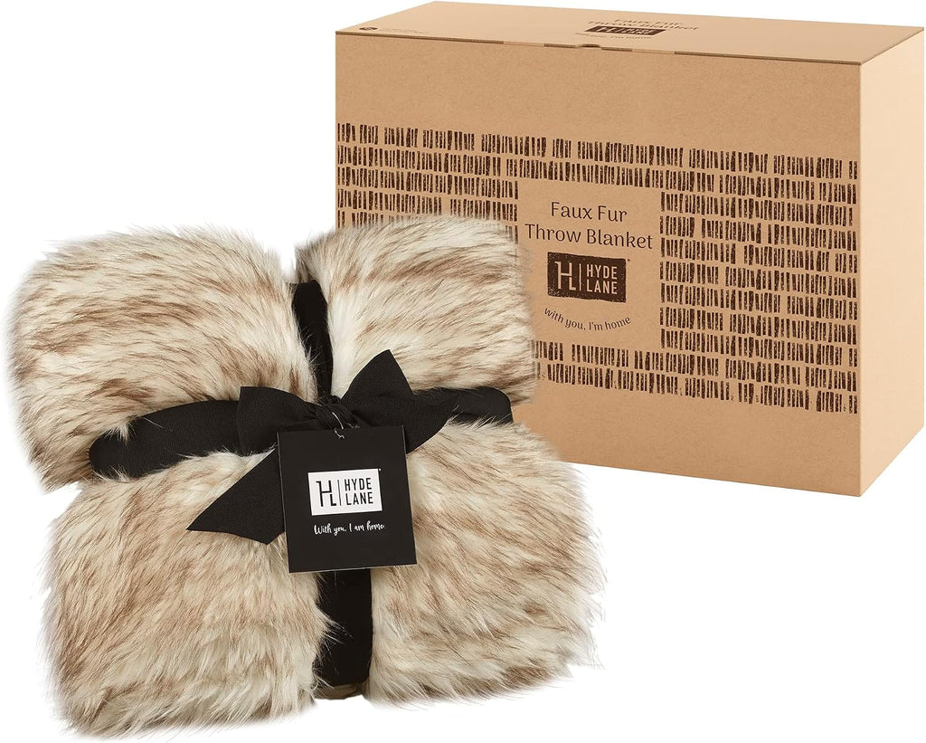 Faux Fur Throw Blanket - Ultra Long Pile, Luxury Fluffy Fox Golden with Brown Tipped Throws, Fuzzy Plush Blankets for