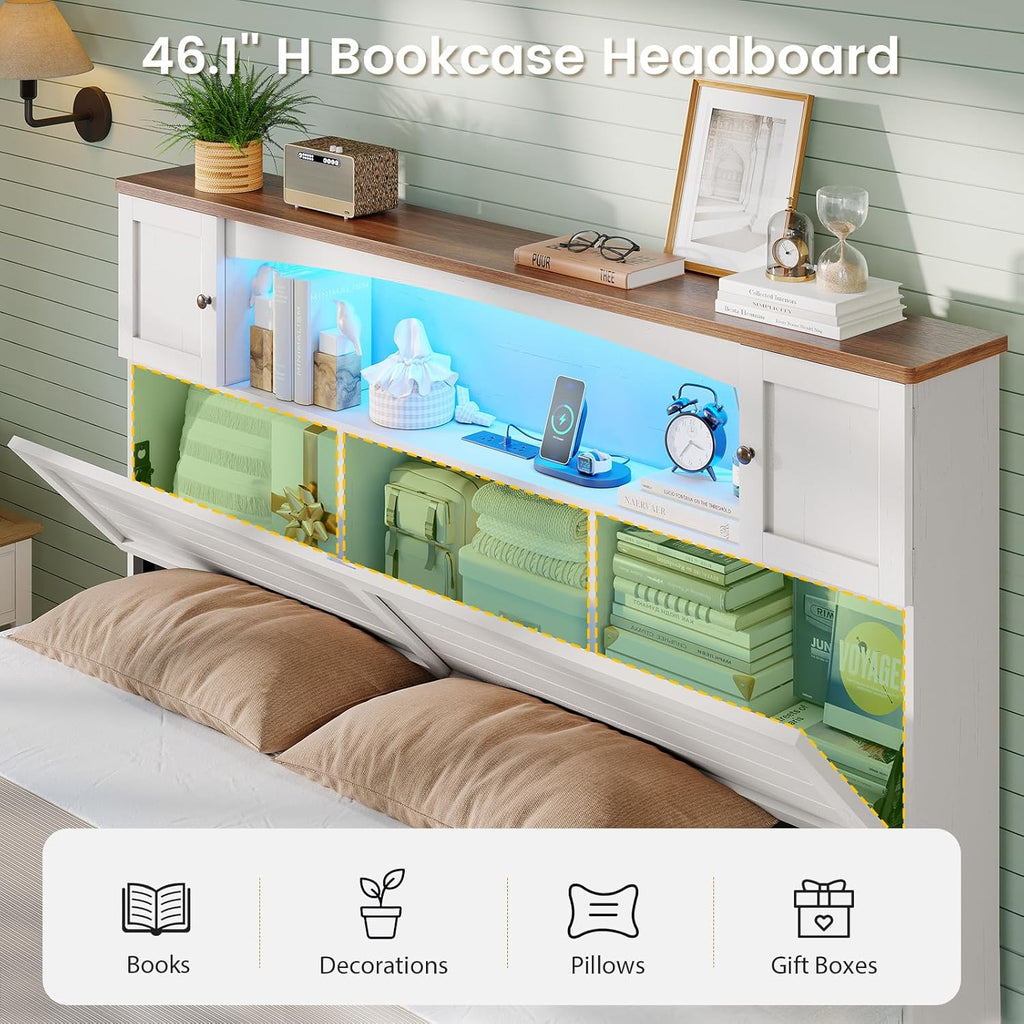 Farmhouse Queen Bed Frame with Bookcase and Storage Cabinets Headboard, Wood Platform Bed with LED Lights, Charging