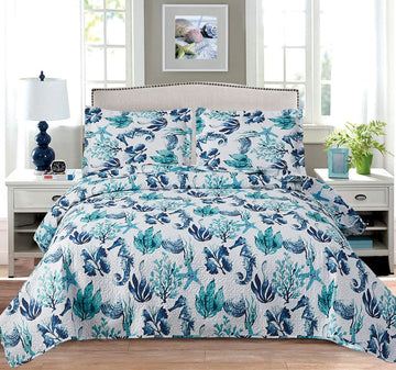 3 Pcs Summer Coastal Quilts Conch Seashell Coverlet Set Lightweight Beach Bedspreads Reversible Ocean