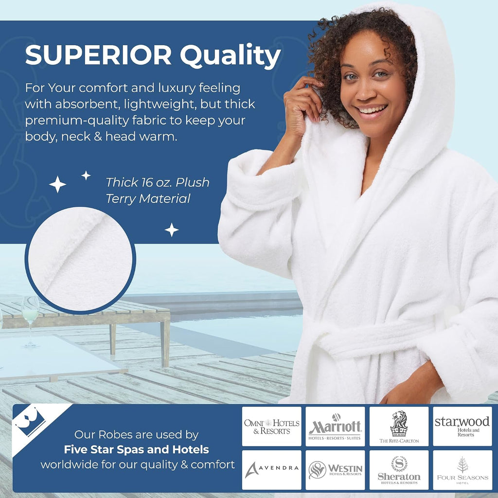 Hooded Terry Shawl Collar Unisex Bathrobe | Thick Terrycloth Fabric, Generously Sized Hotel & Spa Robe with Pockets