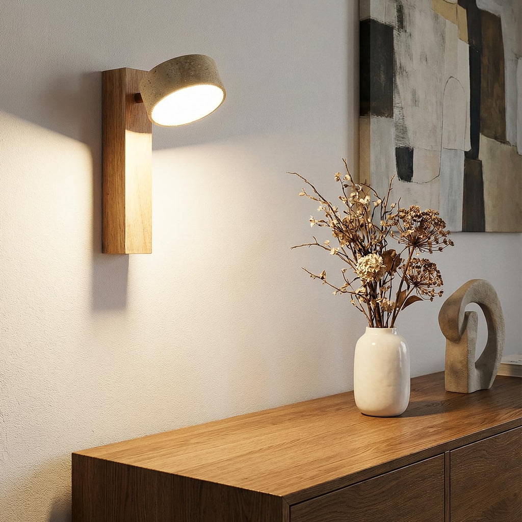Natural Travertine Wall Sconce, Solid Wood Japandi LED Vanity Light, 1-Pack