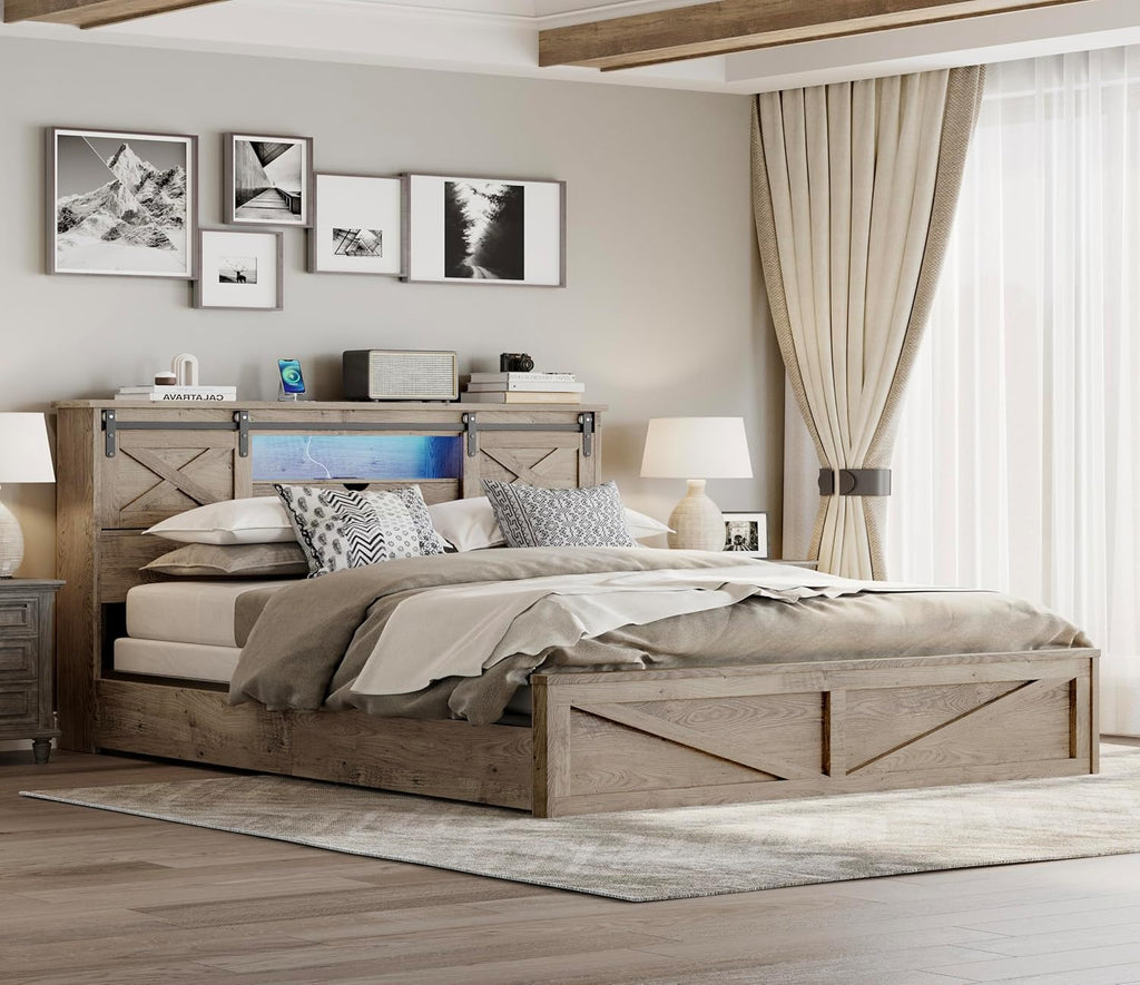Farmhouse King Bed Frame with Sliding Barn Door Storage Headboard, LED Light and Charging Station, Wood Platform Bed