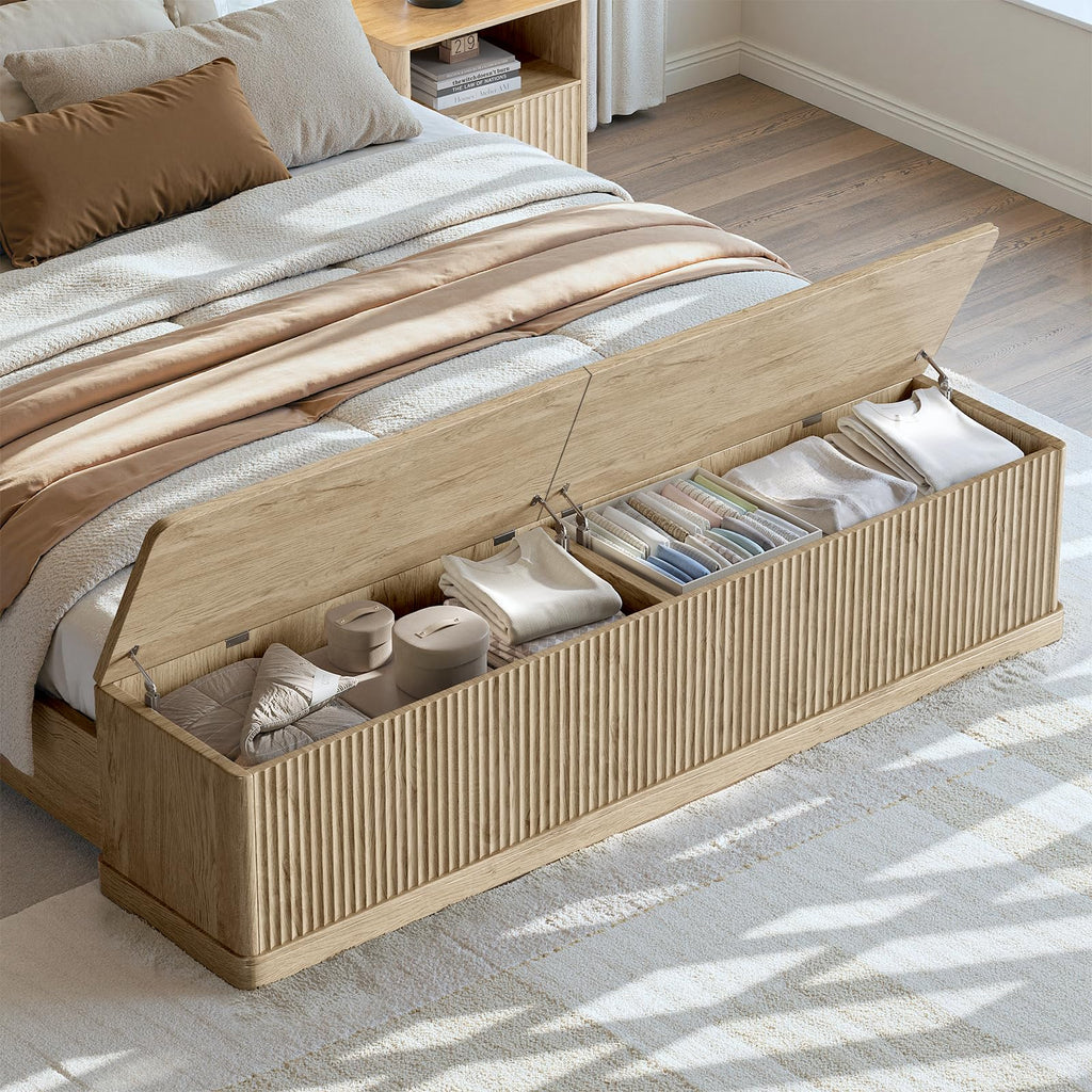 Fluted Oak King Bed Frame with 51'' Headboard & Storage Bench