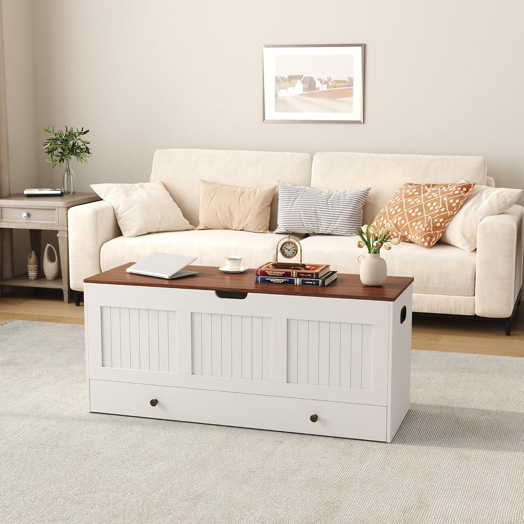 44.3" Storage Chest with 2 Drawers, Retro Wooden Storage Trunk with 2 Safety Hinges,Large Shoe Bench with Storage
