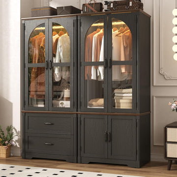 Tall Farmhouse 4 Doors Armoire Wardrobe Closet with LED ,72" Freestanding Arched Wardrobe Closet Cabinet w Glass
