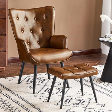PU Leather Accent Chair with Ottoman, Upholstered Reading Chair with High Backrest, Tufted-Button Wingback Armchair