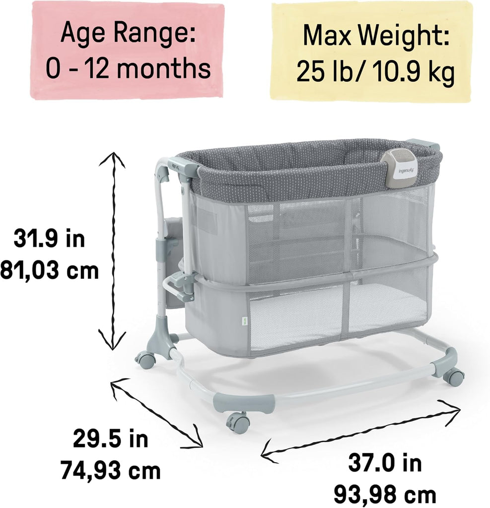 Dream & Grow Bedside Baby Bassinet with AirLoom Mattress, for Ages 0-12 Months, Adjustable Height - Handstitch (Grey)