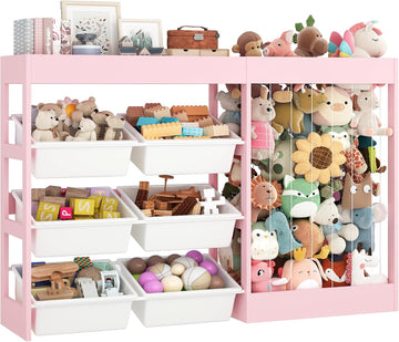 50.6"W x 39.4"H Kids Toy Organizer with Stuffed Animal Storage, Wooden | Kids Storage with 153L Stuffed Animal Zoo, 6