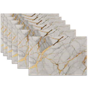 Placemats Set of 6,White Gold Marble Linen Table Mats Abstract Heat Resistant Place Mats Washable Dining Table Mats