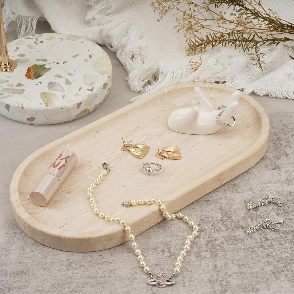 Italian Travertine Tray, 12"x6" Vanity Decorative Marble Tray for Countertop, Catchall Tray for Perfume, Candles