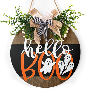 Cute Ghost Door Sign 12 Inch Halloween Wreaths for Front Door Cute Halloween Decor Wood Door Hanger Hello Boo Sign