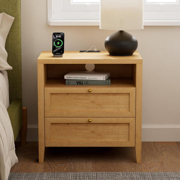 Modern Nightstand with 2 Drawers Wooden End Table with Charging Station Farmhouse Night Stand Bedside Side Table with