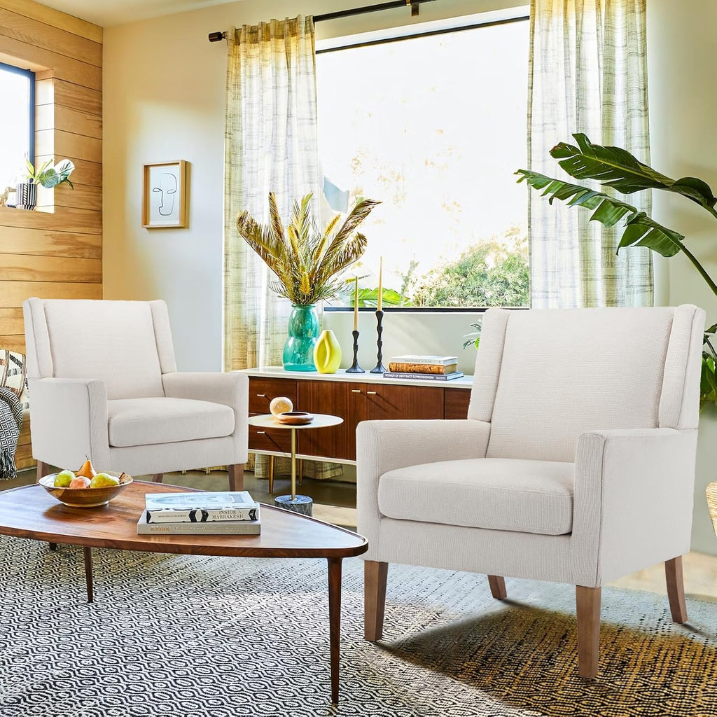 Modern Wingback Living Room Chair, Upholstered Fabric Accent Armchair, Single Sofa Chair with Lounge Seat and Wood