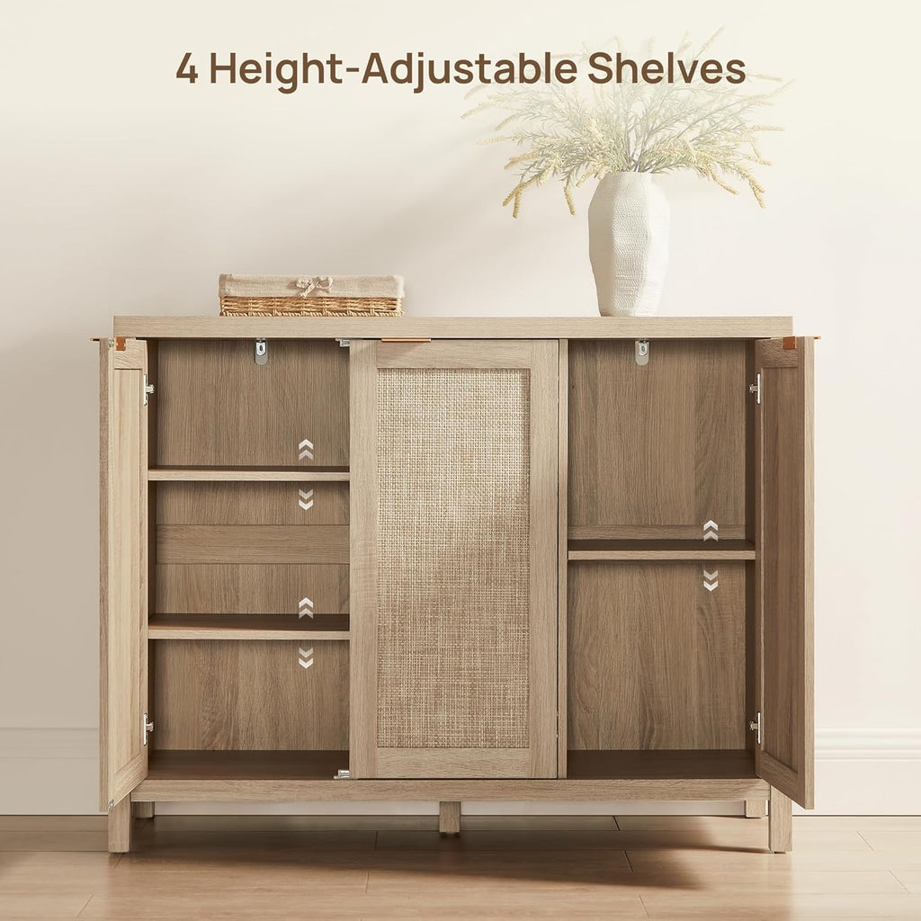 Rattan Buffet Cabinet with Storage 43.5" Sideboard Cabinet with 3 Doors & Adjustable Shelves Wood Sideboard Credenza