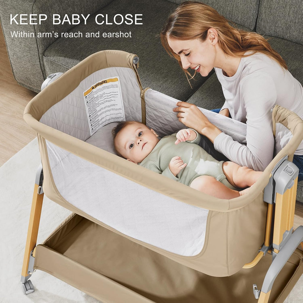 3-in-1 Baby Bassinet, Bedside Sleeper, Rocking Mode, Wheels (Khaki) | 5 heights, breathable mesh, comfy mattress with