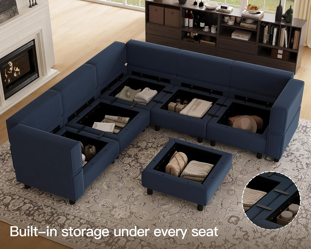 Modular Sectional Sofa with Storage Seats Velvet L Shaped Corner Couch Convertible Sectional Sofa with Chaise (Blue