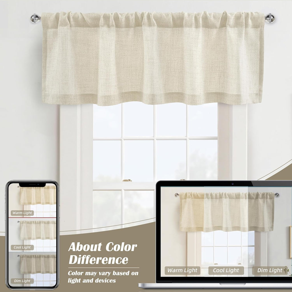 Linen Textured Curtain Valances for Windows Light Filtering 3 Inch Rod Pocket Farmhouse Country Rustic Kitchen