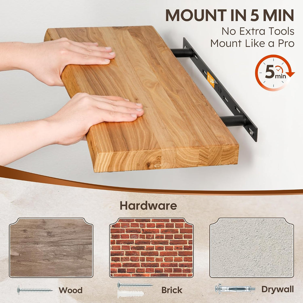 Floating Shelves Set of 2, Solid Elm Wood 24 Inch Wall Shelving | Natural Live Edge Grain, Heavy Duty Hidden
