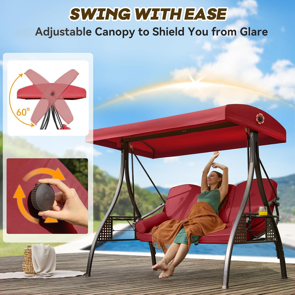 3 in 1 Outdoor Porch Swing with Adjustable Canopy, 3 Seat Outdoor Swing for Adults, Patio Swing Chair with Thickened