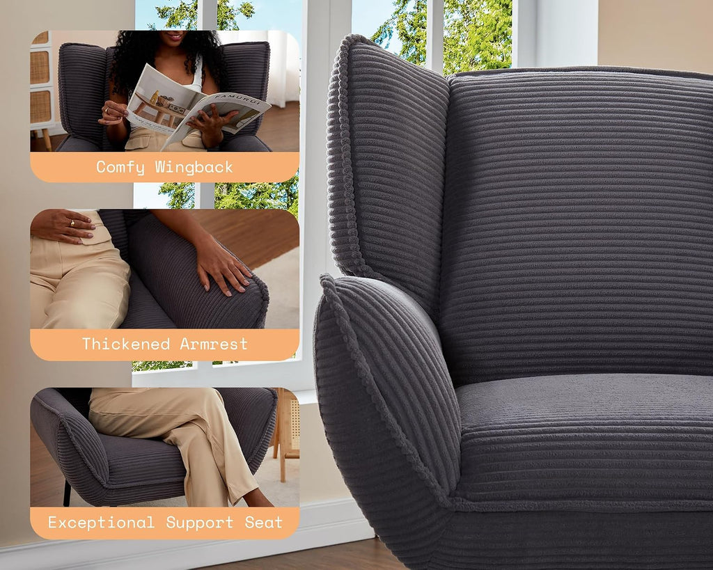 Corduroy Wingback Accent Chair, High Back Armchair with Deep Seat, Gray | Classic Wingback Style, 32D High-Resilience