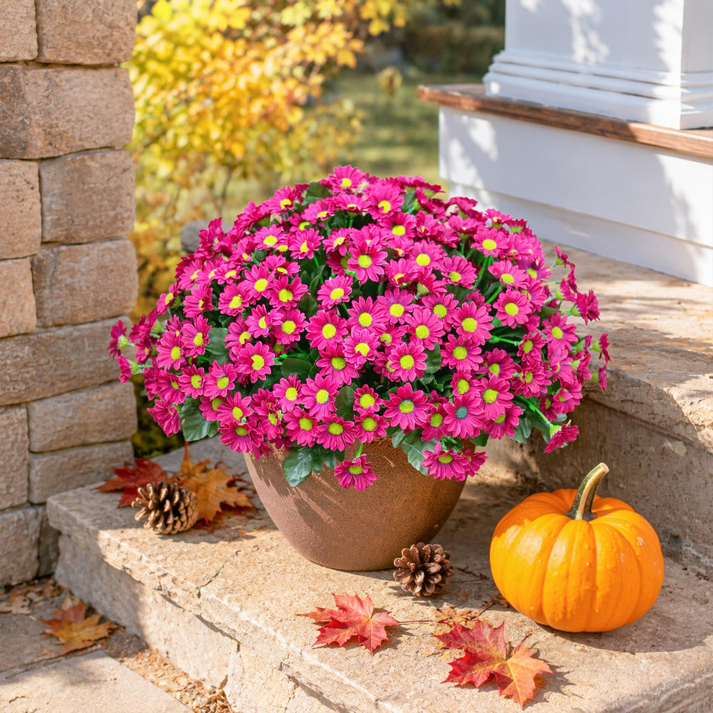 Daisy Artificial Flowers for Outdoors Autumn Fall Decoration, 6 Bundles Fake Mums Dark Red Silk Flowers for Outside