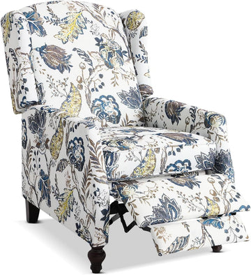 Upholstered Wingback Recliner Chair - Traditional Push Back Recliner Chair with Padded Seat, Fabric Floral Recliner