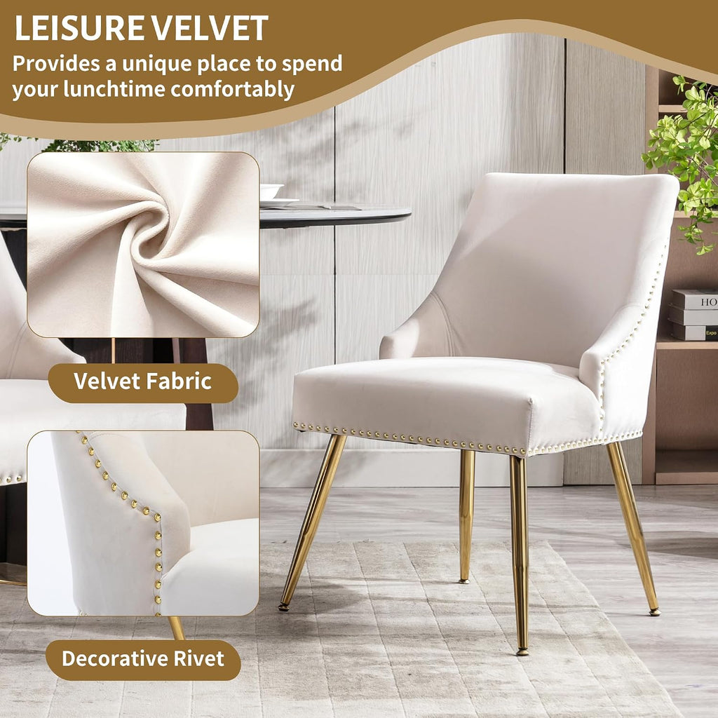 Velvet Dining Room Chairs Set of 4 Nailhead Back Ring Pull Trim with Gold Legs for Kitchen Living Room(Beige)