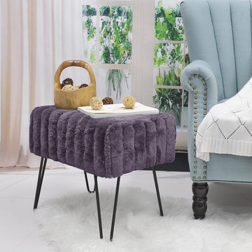 Purple Mink Faux Fur Ottoman 19.5"x12.5"x17"H Entryway Bench Comfy Velvet Tufted Furry Makeup Stools with Metal Leg
