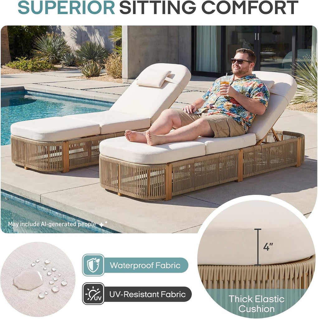 Outdoor Chaise Lounge Chairs, 5-Position Adjustable Patio Reclining Lounge Chairs with Cushion, All-Weather Rope