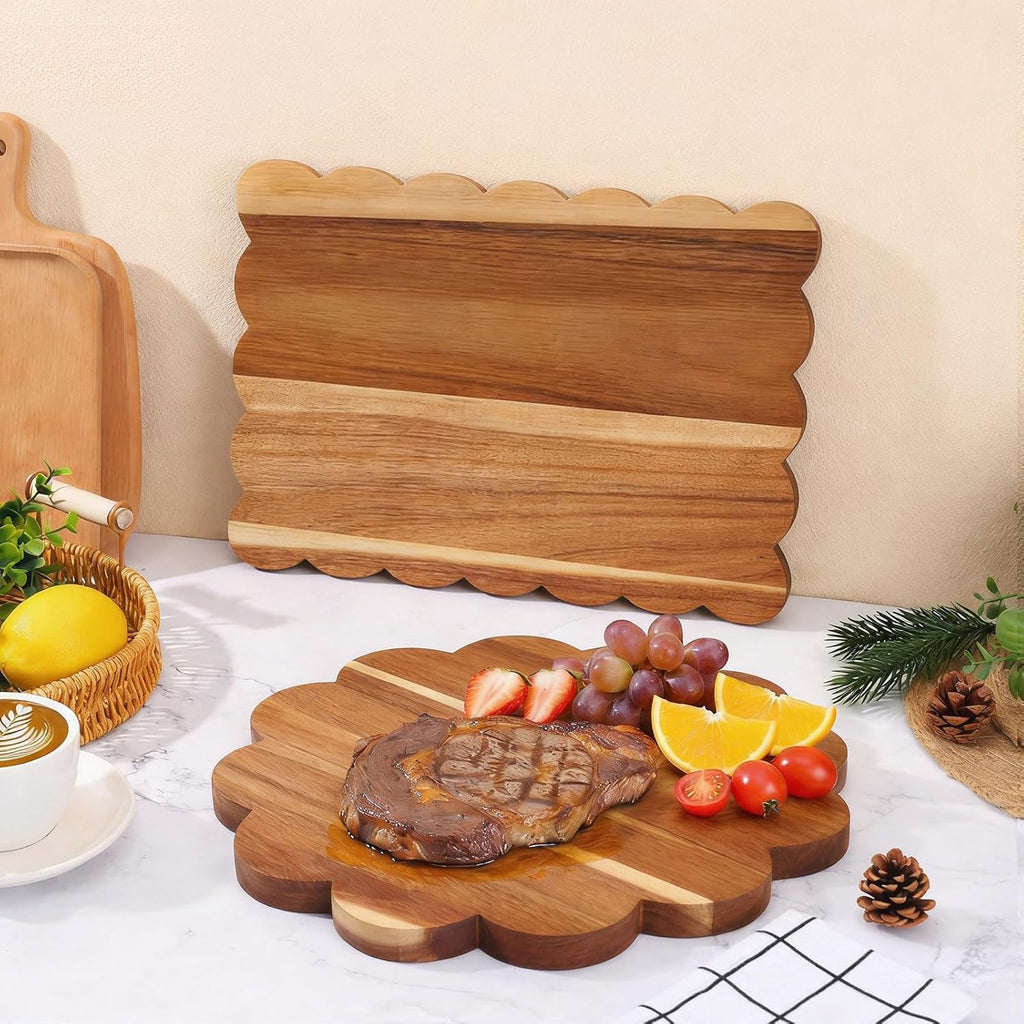 Acacia Wood Scalloped Cutting Boards Set, Decorative Wooden Charcuterie Boards with Handle for Cheese Pizza Meat