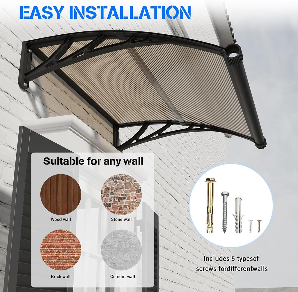Door Awning 40x60 with Drainage Sink, Leak-Proof Awnings for Doors Exterior, Polycarbonate Front Door Awning for Rain