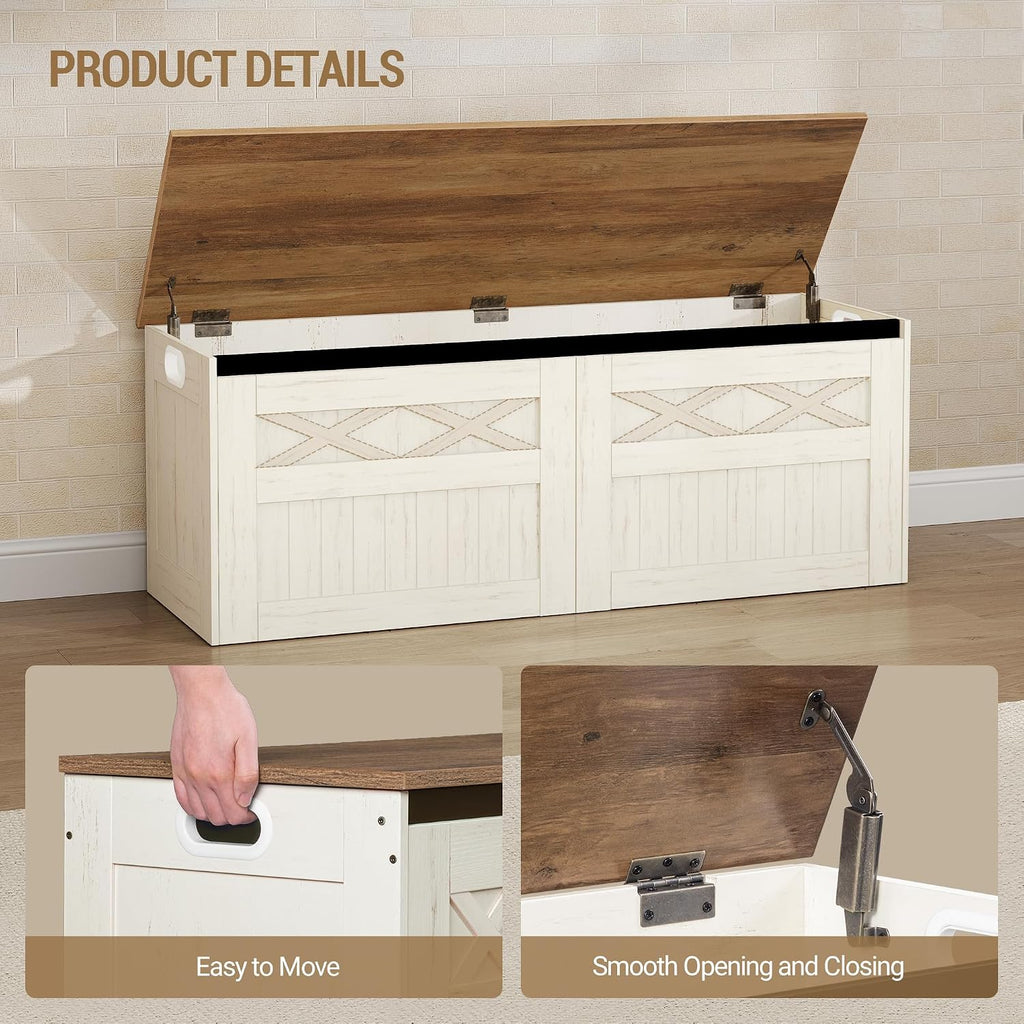 47" Storage Bench, Lift Top,210L/55 Gal Large Storage Chest | | 330lb Load Capacity, Retro White, Farmhouse Style