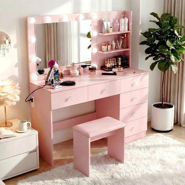 47" Vanity with Outlet - Makeup Vanity Desk with Mirror, Storage Shelves and 6 Drawers, 3-Color Light, Makeup Desk