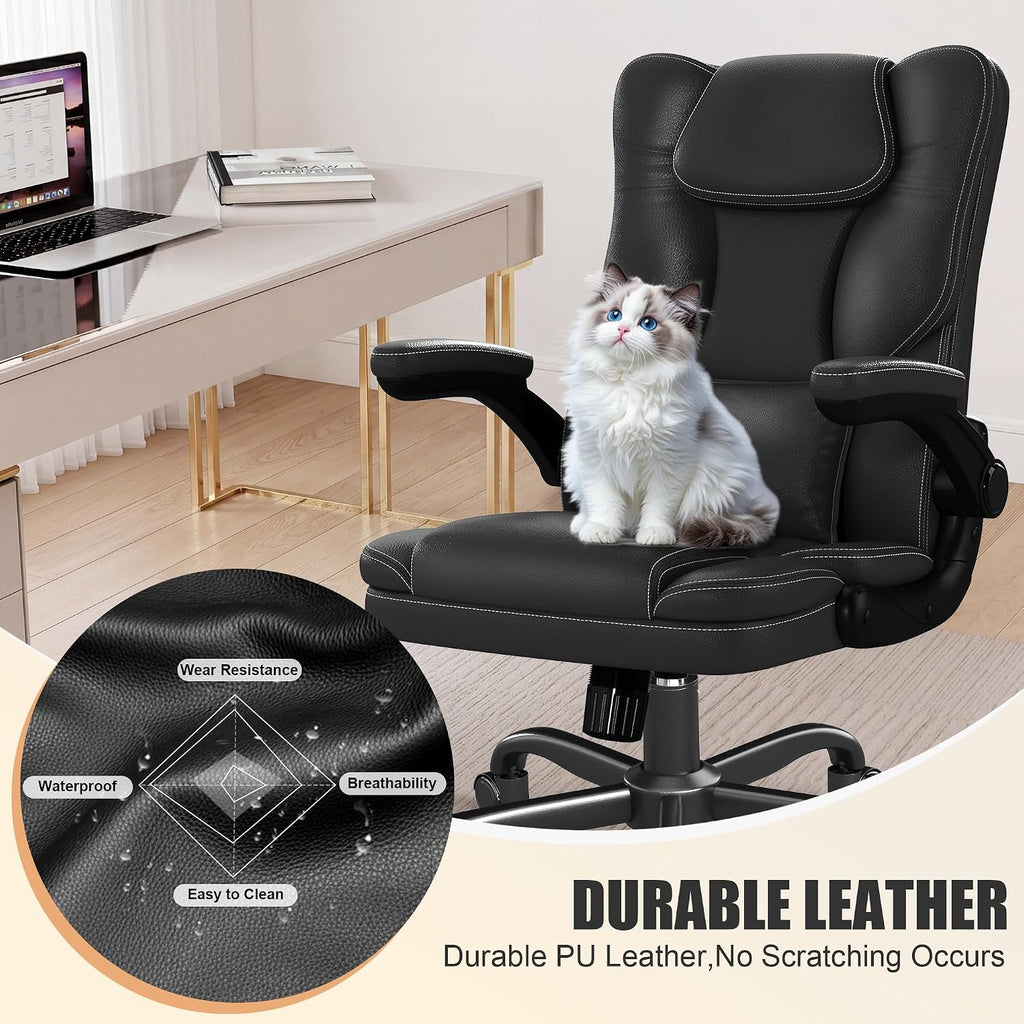 Ergonomic with Flip-Up Armrests, Mid Back Executive PU Leather Desk Chair, Height Adjustable with Lumbar Support
