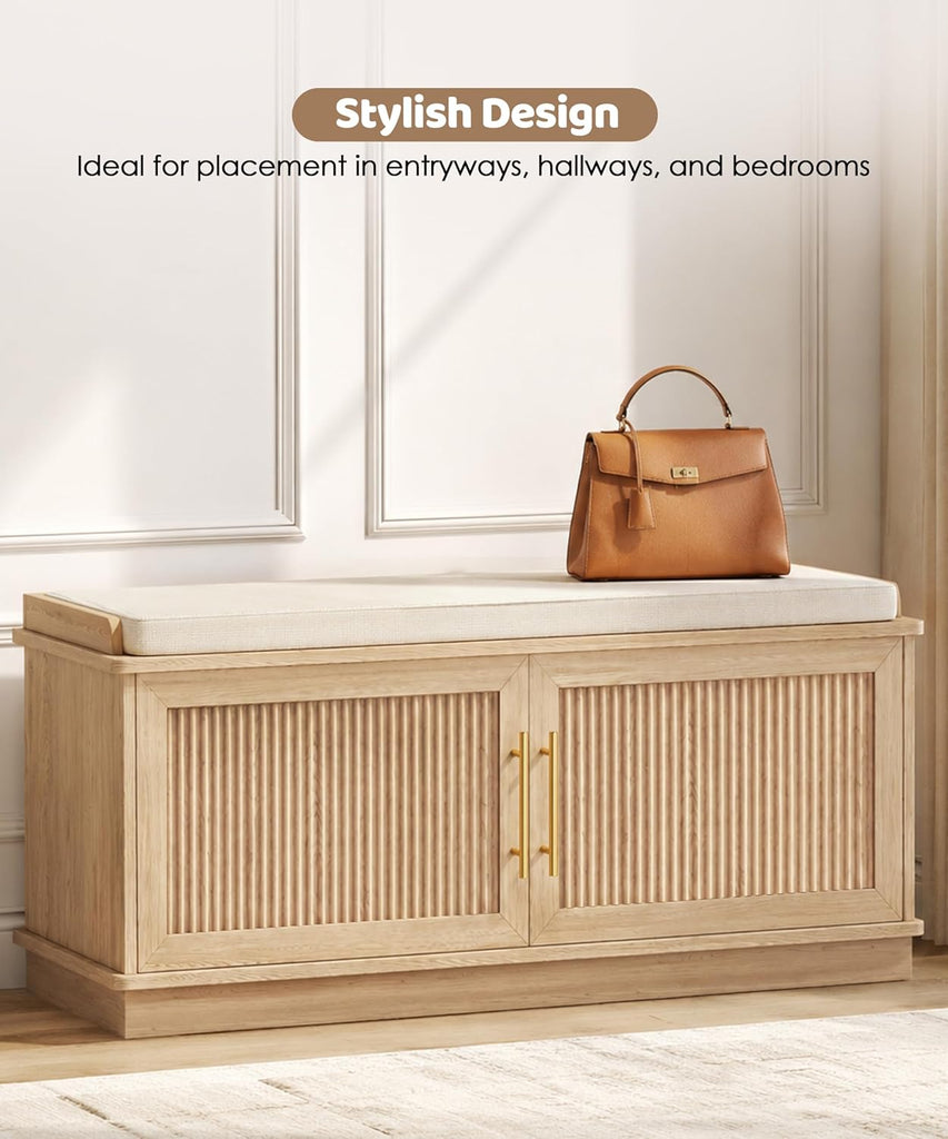 Fluted Shoe Storage Bench with Cushion, 39.4" Entryway Bench with Adjustable Shelves and 2 Doors, Shoe Cabinet Bench